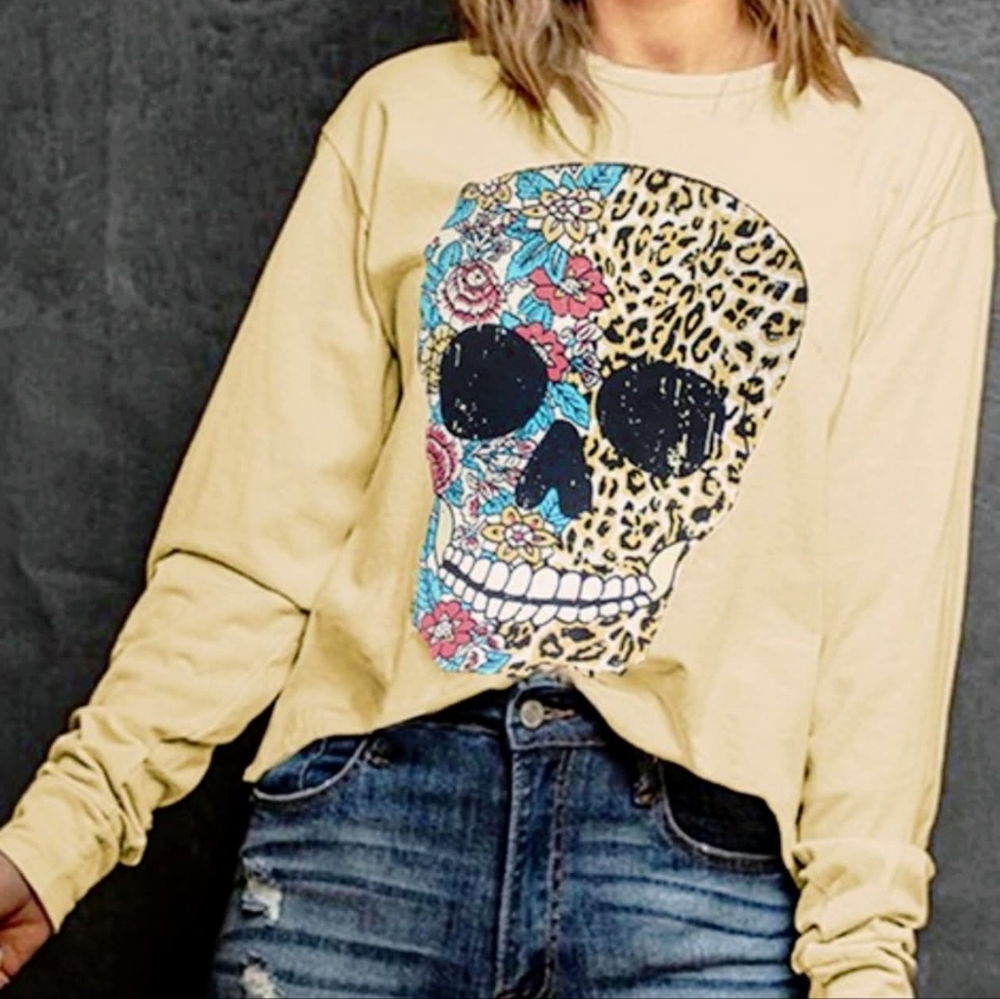 Graphic Skull Print Beige Long Sleeve Top